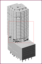 Пространственная расчетная модель здания бизнес-центра. Общий вид.