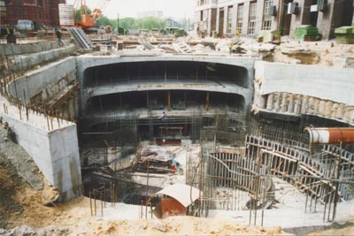 View of cast-in-situ reinforced concrete vaulted lining from the side of ramp under construction.